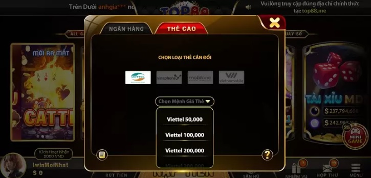 Rút ​​tiền Top88 bằng thẻ cào